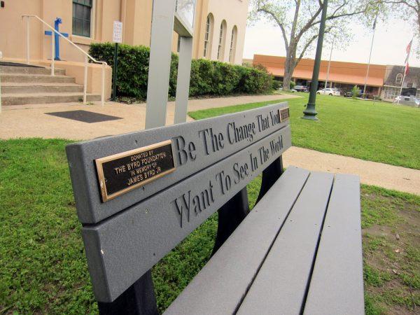 A bench donated by a foundation started by the family of James Byrd Jr. in Jasper, Texas. (Juan Lozano/Photo via AP)