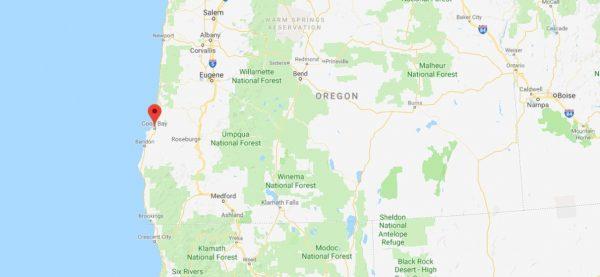 A map shows Coos Bay, Oregon (Google Maps)