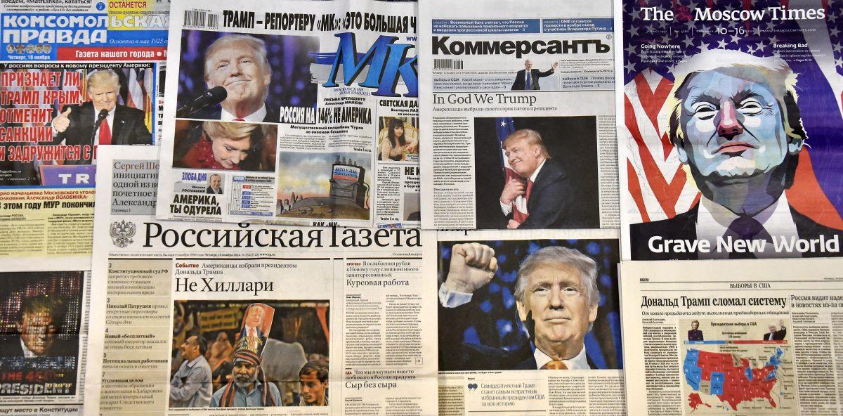 Front pages of Russian newspapers report on the victory of Donald Trump in the U.S. presidential election on Nov. 10, 2016. (Yuri Kadobnov/AFP/Getty Images)