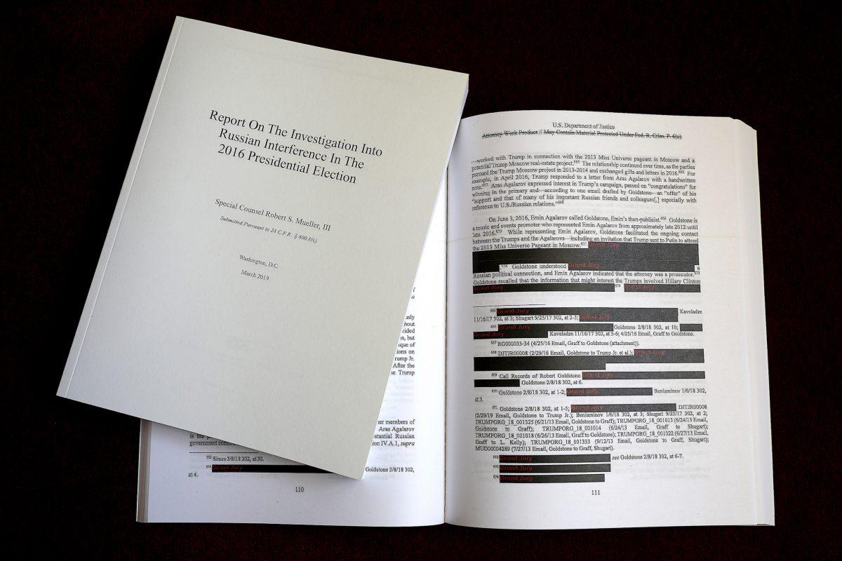 The recently released redacted version of the Mueller Report. (Win McNamee/Getty Images)