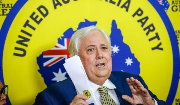 Federal Leader of the United Australia Party Clive Palmer addresses the media during a press conference in Townsville on April 18, 2019. (AAP Image/Michael Chambers)