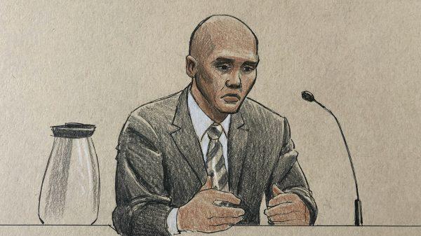 This courtroom sketch depicts former Minneapolis police officer Mohamed Noor on the witness stand on April 25, 2019. (Cedric Hohnstadt/AP)