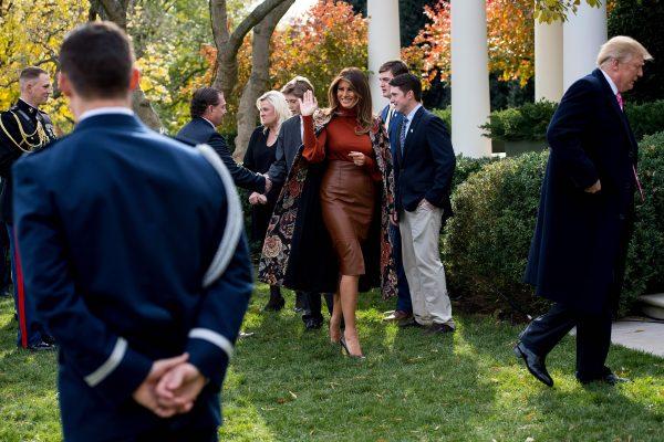 First Lady Melania Trump waves after President Donald Trump pardoned the Thanksgiving turkey Drumstick in the Rose Garden at the White House in Washington, on Nov. 21, 2017. (Jim Watson/AFP/Getty Images)