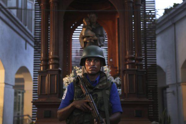 A Sri Lankan soldier stands guard at the damaged St. Anthony's Church or Shrine in Colombo, Sri Lanka on April 26, 2019. (Manish Swarup/AP)