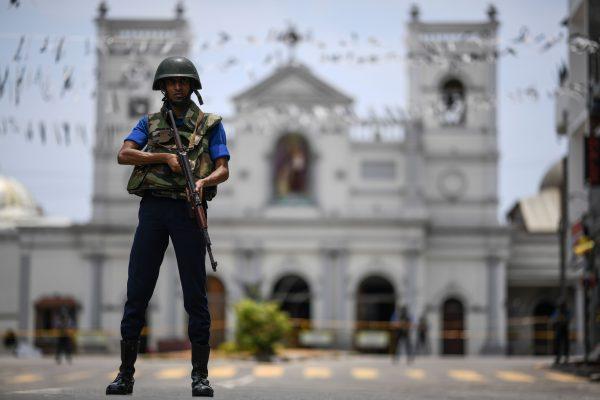 A soldier outside St. Anthony's Shrine in Colombo, on April 25, 2019, following a series of bomb blasts targeting churches and luxury hotels on Easter Sunday in Sri Lanka. (Jewel Samad/AFP/Getty Images)