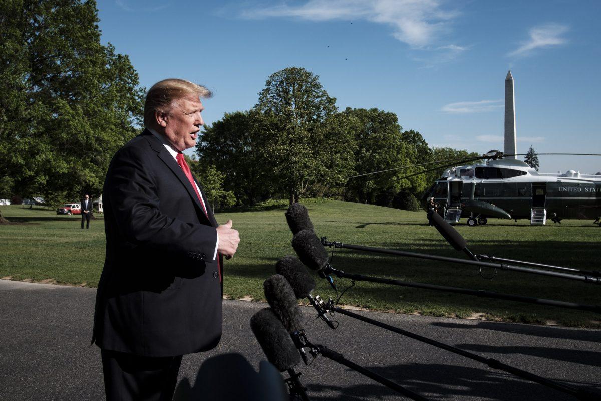 President Trump talks to the media about the shooting in a California synagogue at White House, on April 27, 2019. (Pete Marovich/Getty Images)