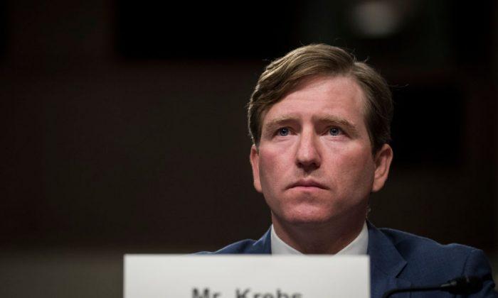 Christopher Krebs, former director of Cybersecurity and Infrastructure Security Agency at the U.S. Department of Homeland Security, testifies during a Senate Armed Services Committee hearing in Washington, on Oct. 19, 2017. (Drew Angerer/Getty Images)