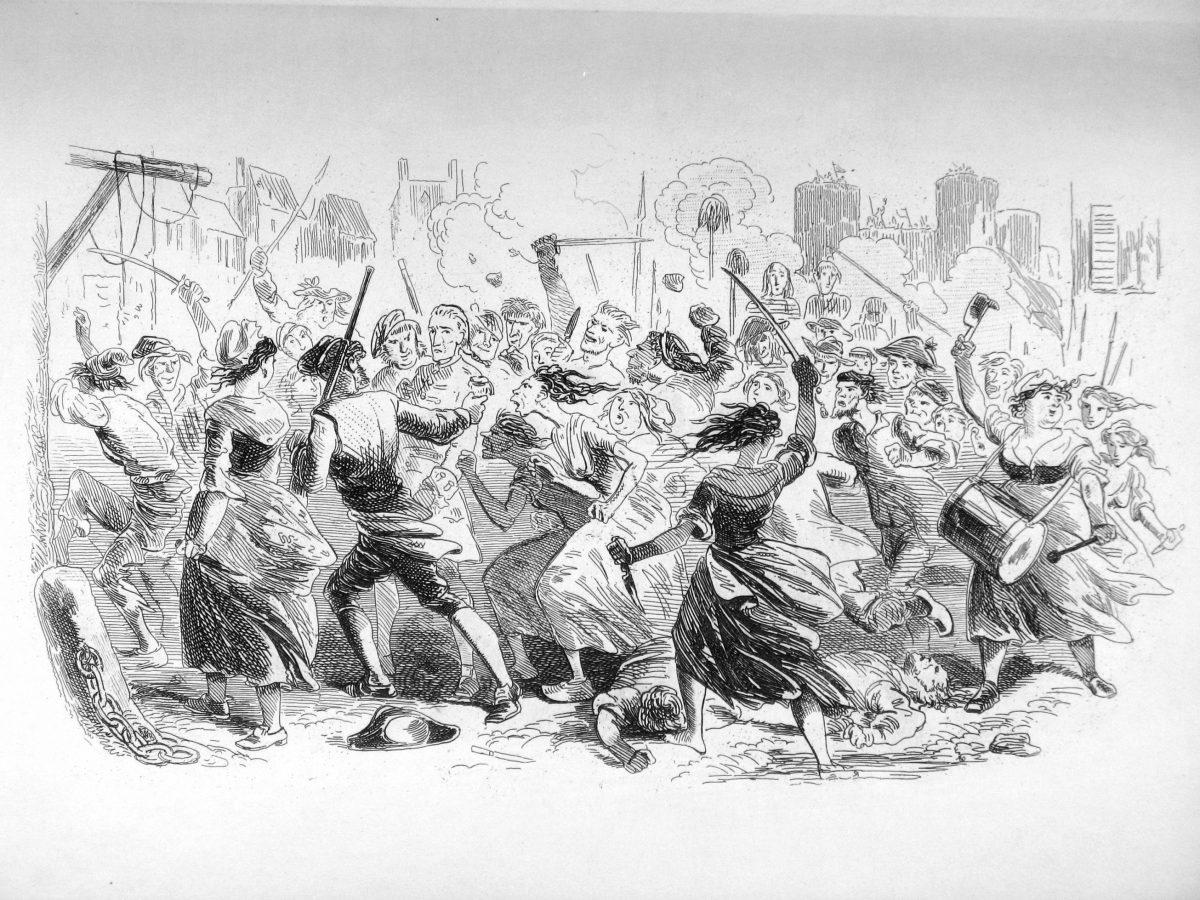 An illustration for Charles Dickens’s “A Tale of Two Cities,” showing the frenzy of the French Revolution. (Public Domain)