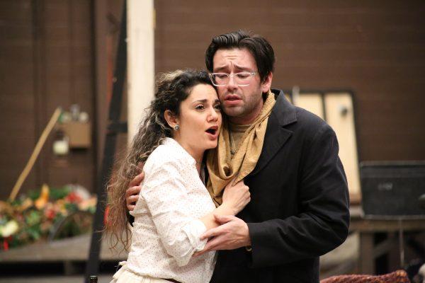 Joshua Guerrero and Miriam Khalil in rehearsal for “La Bohème,” 2019. (Canadian Opera Company)