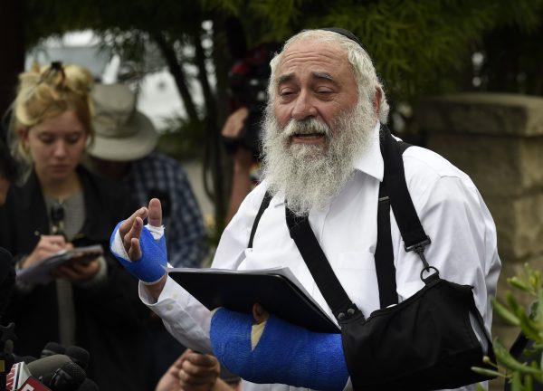 Rabbi Yisroel Goldstein speaks at a news conference at the Chabad of Poway synagogue in Poway, Calif., on April 28, 2019. (Denis Poroy/AP Photo)