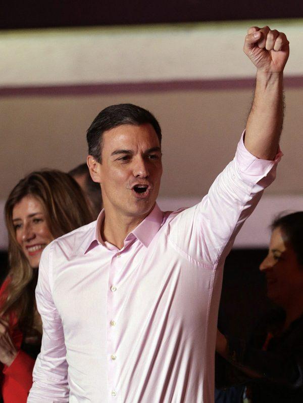 Spanish Prime Minister and Socialist Party candidate Pedro Sanchez gestures to supporters gathered at the party headquarters waiting for results of the general election in Madrid, on April 28, 2019. (Andrea Comas/AP Photo)