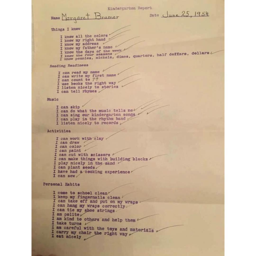 A kindergarten report from 1954. (Courtesy of Sarah Mackenzie/Instagram)