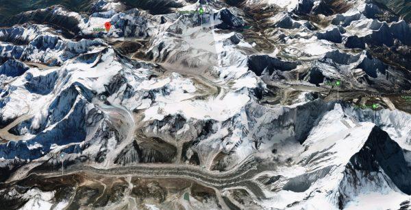 The peak of Makalu is marked in relation to Everest in the foreground. (Screenshot/Google Maps)
