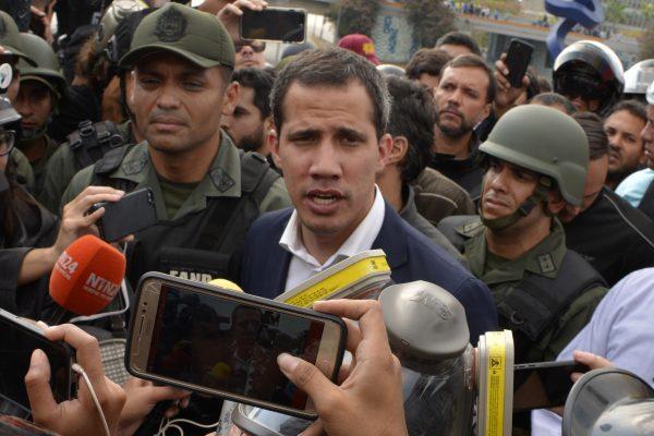 Juan Guaido, recognized by Washington and 50 other nations as Venezuela's legitimate leader, talks to media outside the airforce base La Carlota in Caracas, Venezuela on April 30, 2019. (Rafael Briceno/Getty Images)