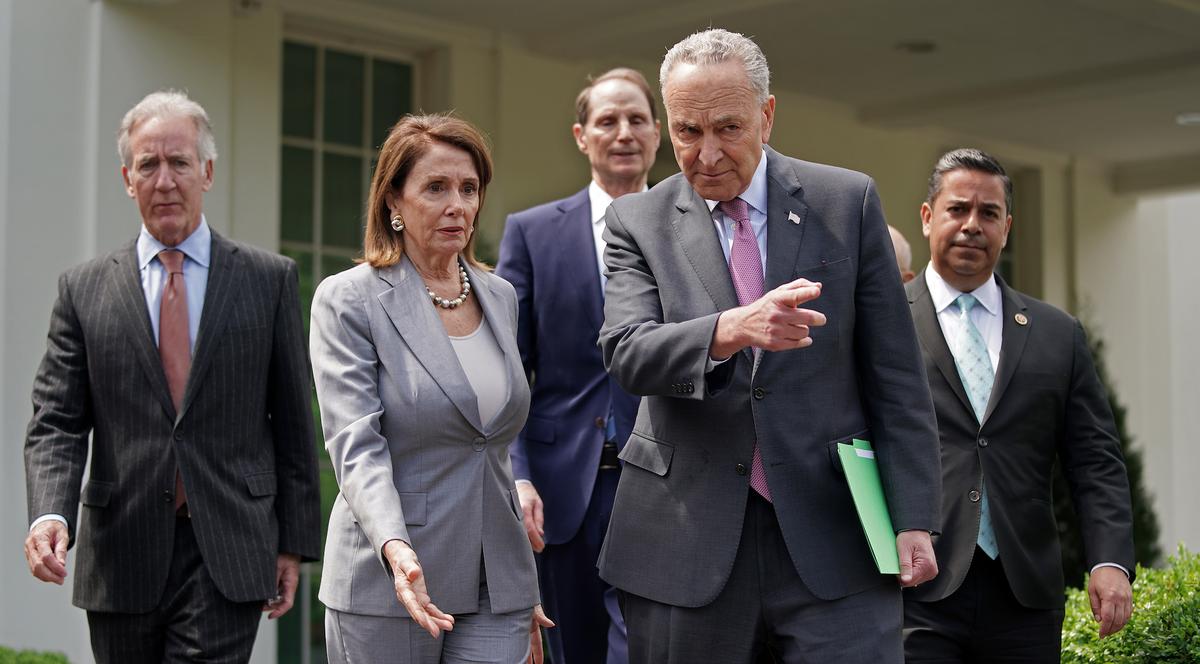 Congressional Democrats, including (L-R) House Ways and Means Committee Chairman Richard Neal (D-Mass.), Speaker of the House Nancy Pelosi (D-Calif.), Senate Finance Committee ranking member Sen. Ron Wyden (D-Ore.), Senate Minority Leader Charles Schumer (D-N.Y.) and Rep. Ben Ray Lujan (D-N.M.), walk out of the White House before talking with reporters following a meeting with President Donald Trump in Washington on April 30, 2019. (Chip Somodevilla/Getty Images)