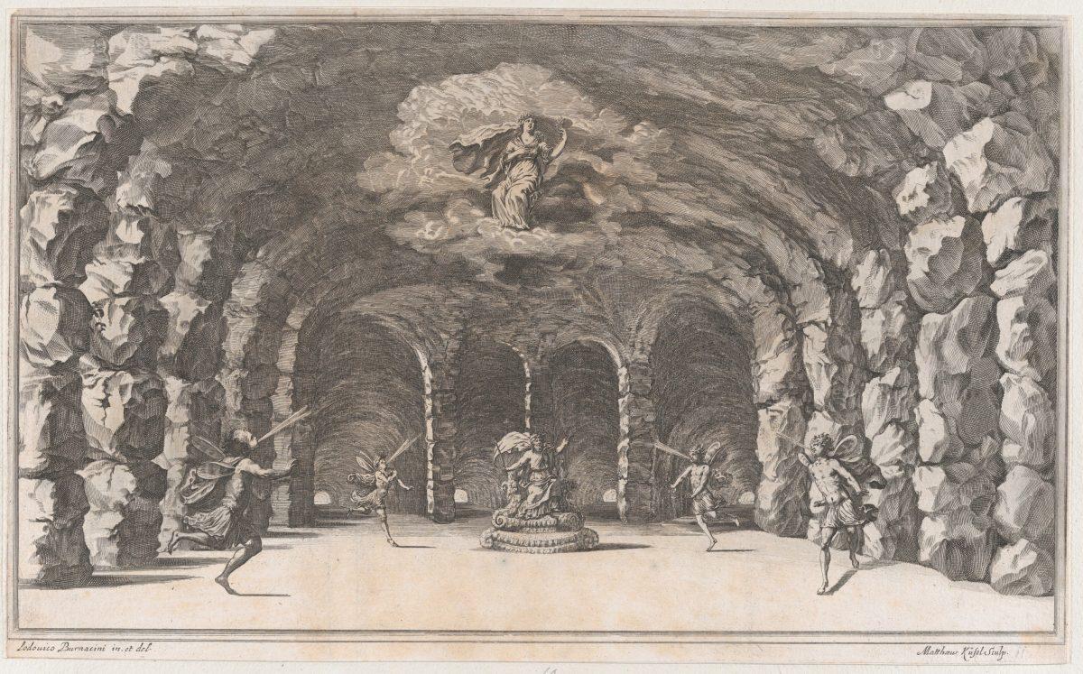 An etching of the cavern of Aeolus, a cave with wind gods blowing on either side of Aeolus, who sits enthroned at center. Set design from "Il Pomo D'Oro," 1668, by Mathäus Küsel. Harris Brisbane Dick Fund, 1953, The Metropolitan Museum of Art. (Public Domain)