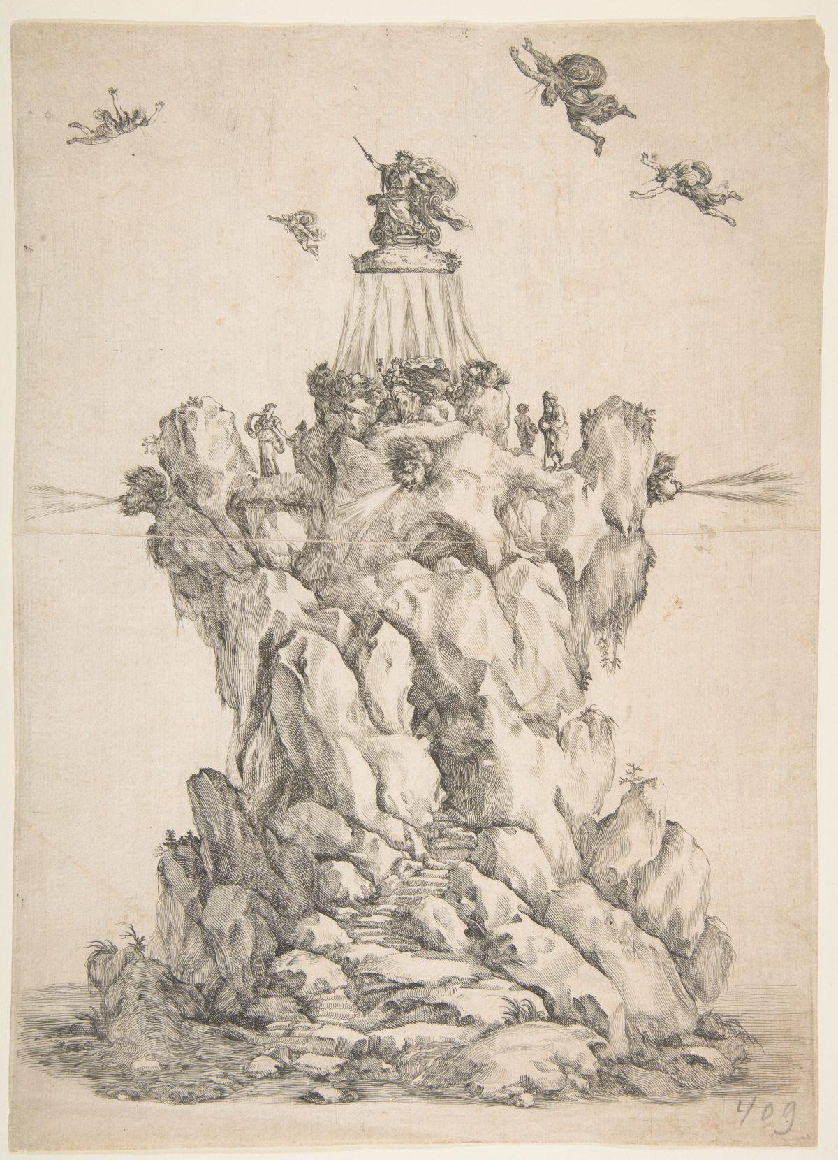 An etching from “The Contest of the Seasons,” depicting the Rock of Aeolus, 1652, by Stefano della Bella. Bequest of Phyllis Massar, 2011, The Metropolitan Museum of Art. (Public Domain)