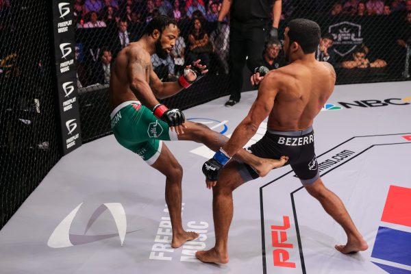 Andre Harrison (L) lands a kick during the PFL 8 playoffs in New Orleans, Louisiana in 2018. (Courtesy of the Professional Fighters League)