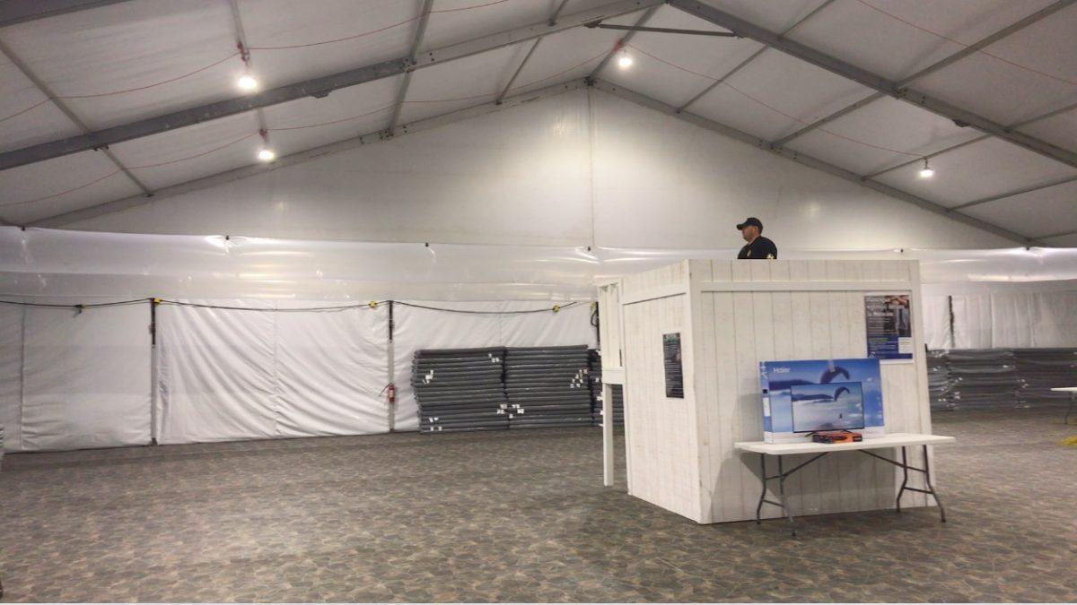 One of the four main pods inside a new Border Patrol tent facility for processing and holding illegal immigrants in Donna, Texas, on May 2, 2019. (Charlotte Cuthbertson/The Epoch Times)