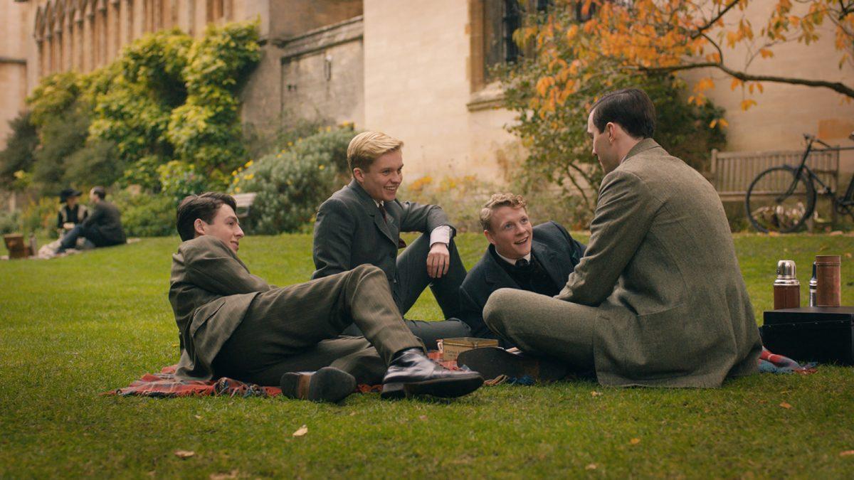 (L–R) Anthony Boyle, Tom Glynn-Carney, Patrick Gibson, and Nicholas Hoult in the film “Tolkien.” (Fox Searchlight Pictures/Twentieth Century Fox Film Corporation)