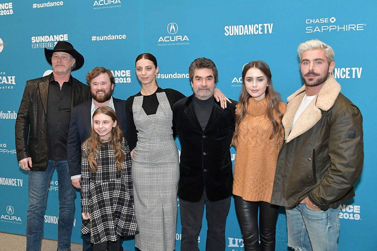 (L–R) James Hetfield, Haley Joel Osment, Morgan Pyle, Angela Sarafyab, Joe Berlinger, Lily Collins, and Zac Efron at an event for “Extremely Wicked, Shockingly Evil and Vile.” (Neilson Barnard/Getty Images/Netflix)