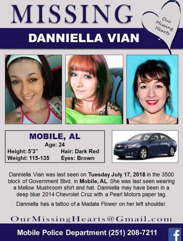 A missing person poster used in the campaign to locate Danniella Vian. (Courtesy of Our Missing Hearts, Inc. / Mobile Police Department)