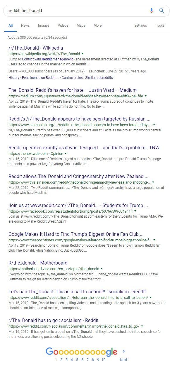 The first page of Google search results for the words "reddit The_Donald" on May 3. 2019. (Screenshot via Google)
