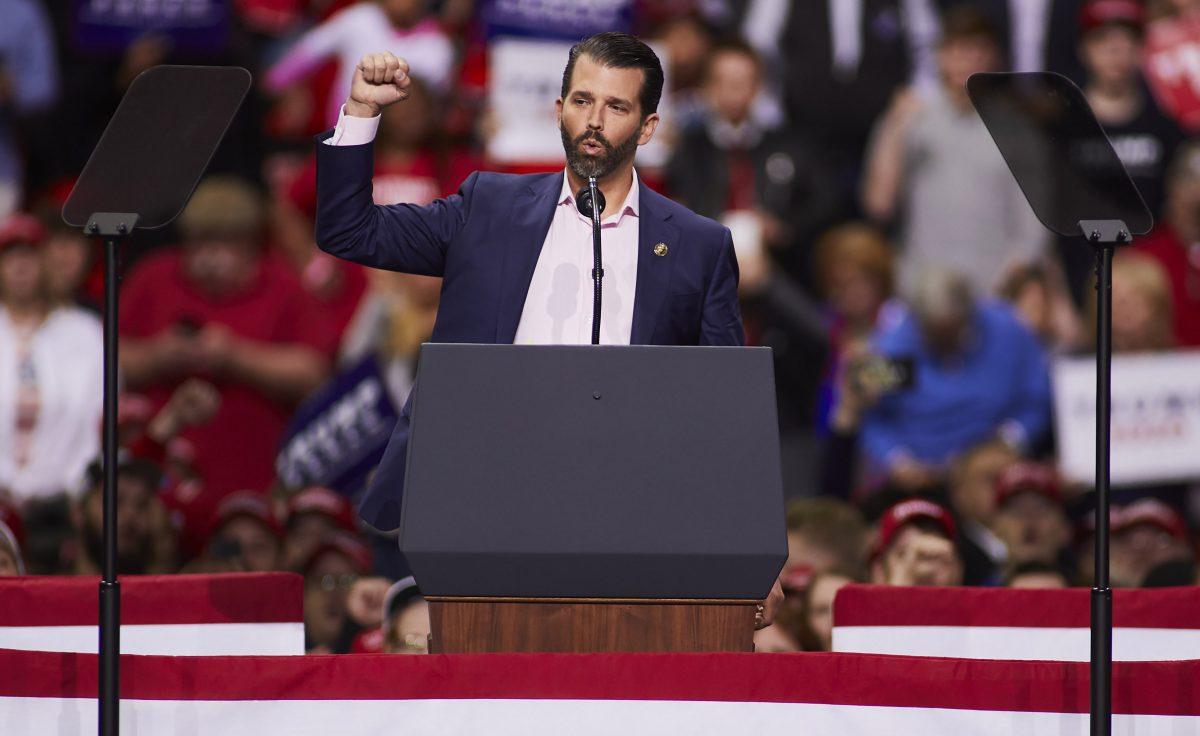 Donald Trump Jr. greets supporters of US President Donald Trump before he speaks at a Make America Great Again rally in Green Bay, Wis., on April 27, 2019. (Darren Hauck/Getty Images)