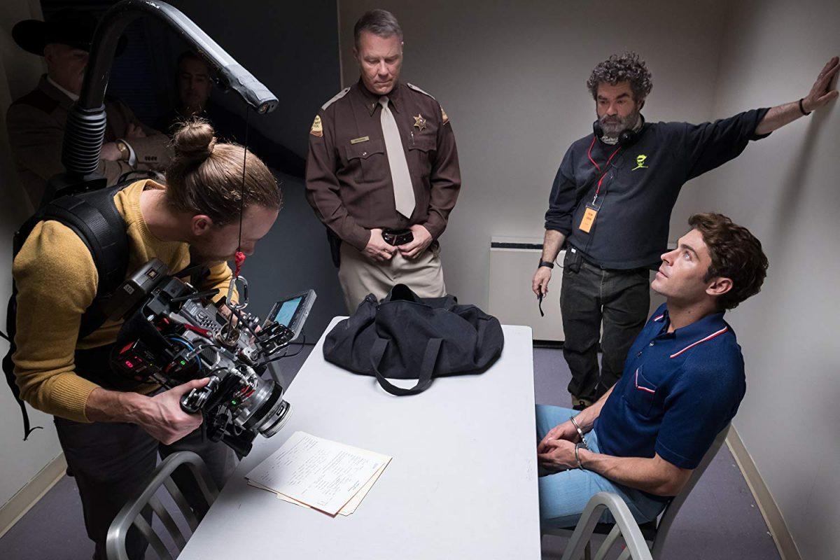 (L–R) Cameraman, James Hetfield, director Joe Berlinger, and Zac Efron, setting up a shot in “Extremely Wicked, Shockingly Evil and Vile.” (Neilson Barnard/Getty Images/Netflix)