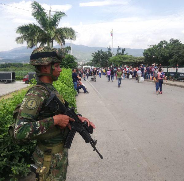 A member of the Colombian military posted to the border to oversee security and monitor events on May 3, 2019, in Cucuta, Colombia. (Luke Taylor for The Epoch Times)