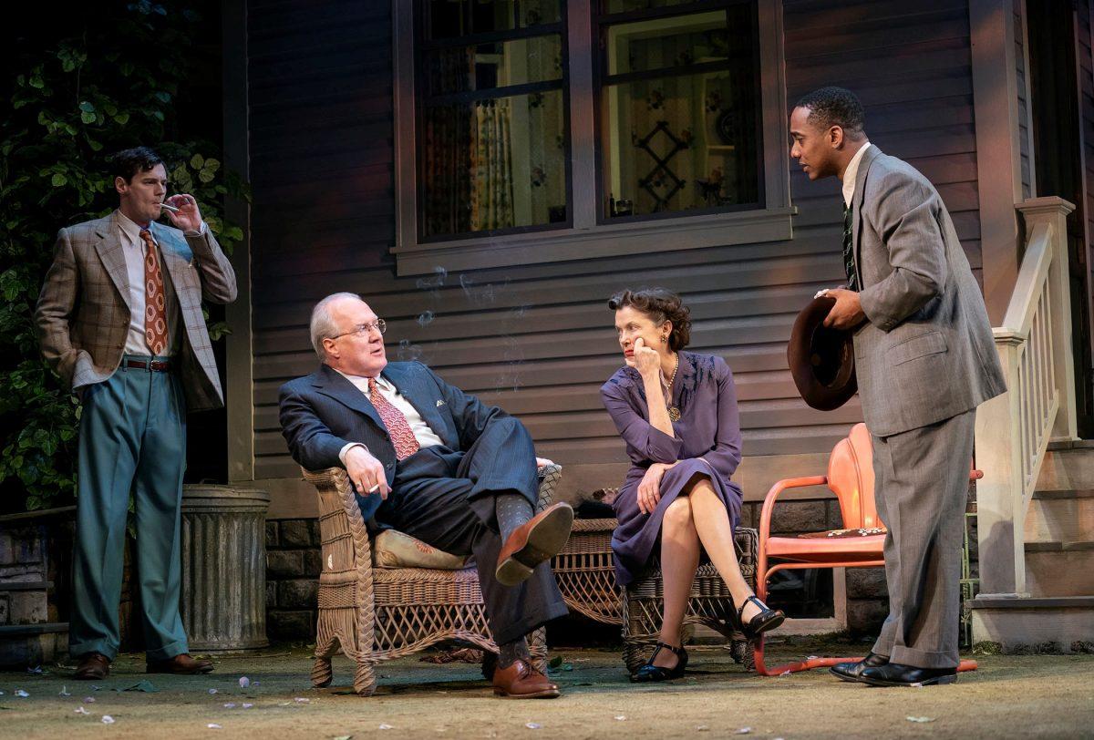 The top-notch cast of the Broadway production of Arthur Miller's “All My Sons” includes (L–R) Benjamin Walker, Tracy Letts, Annette Bening, and Hampton Fluker. (Joan Marcus)