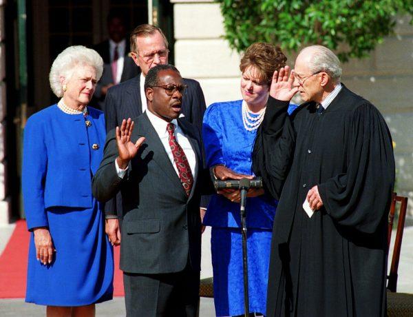 Clarence Thomas is sworn in to the Supreme Court in Washington, by Justice Byron White, on Oct. 18, 1991. (AP Photo)