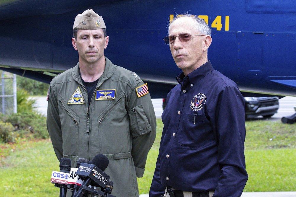 Base Commander Captain Mike Connor, Commanding Officer NAS Jacksonville, and NTSB Vice Chairman Bruce Landsberg (R), speak about Friday's plane crash at a news conference at the front gate of the Naval Air Station in Jacksonville, Fla., on May 4, 2019. (Gary McCullough/AP Photo)