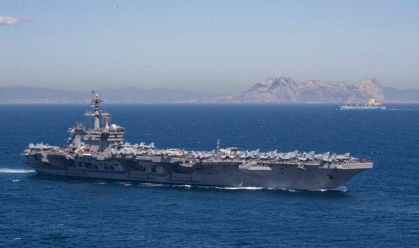 The Nimitz-class aircraft carrier USS Abraham Lincoln transits the Strait of Gibraltar, entering the Mediterranean Sea on April 13, 2019. (U.S. Navy photo by Mass Communication Specialist 2nd Class Clint Davis/Released)
