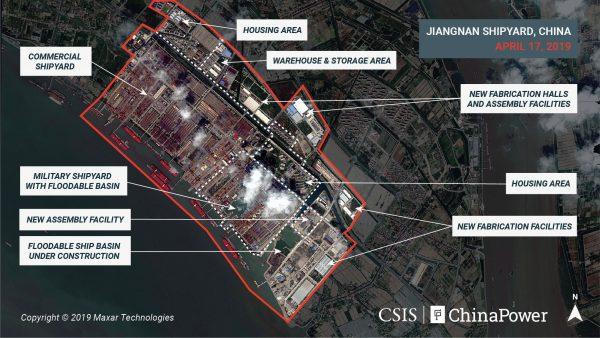 A satellite image shows what appears to be the construction of a third Chinese aircraft carrier at the Jiangnan Shipyard in Shanghai, China on April 17, 2019. (CSIS/ChinaPower/Maxar Technologies 2019/Handout via Reuters)