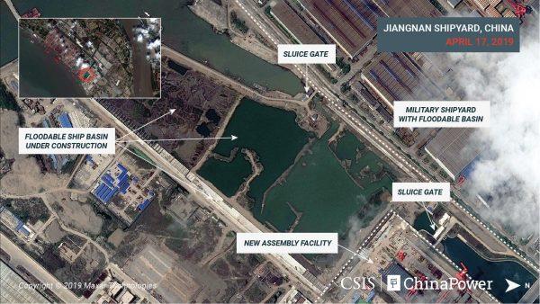 A satellite image shows what appears to be the construction of a third Chinese aircraft carrier at the Jiangnan Shipyard in Shanghai, China on April 17, 2019. (CSIS/ChinaPower/Maxar Technologies 2019/Handout via Reuters)