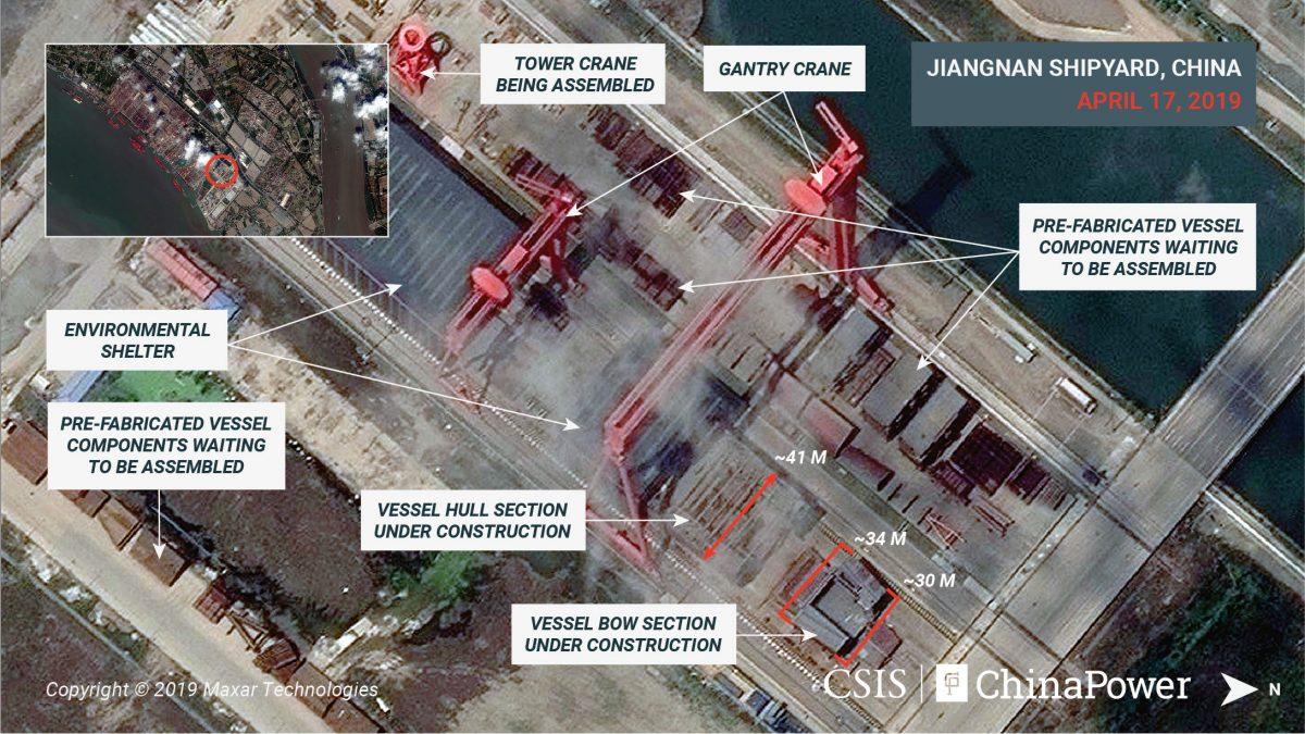A satellite image shows what appears to be the construction of a third Chinese aircraft carrier at the Jiangnan Shipyard in Shanghai, China, on April 17, 2019. (CSIS/ChinaPower/Maxar Technologies 2019/Handout via Reuters)