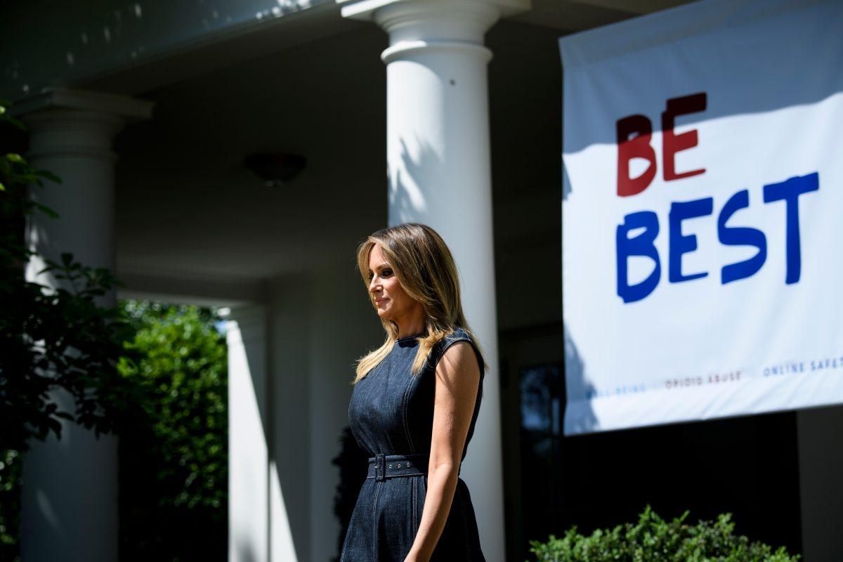 Then first lady Melania Trump arrives for an event to celebrate the one-year anniversary of the "Be Best" initiative in the Rose Garden of the White House in Washington, on May 7, 2019. (Brendan Smialowski/AFP via Getty Images)