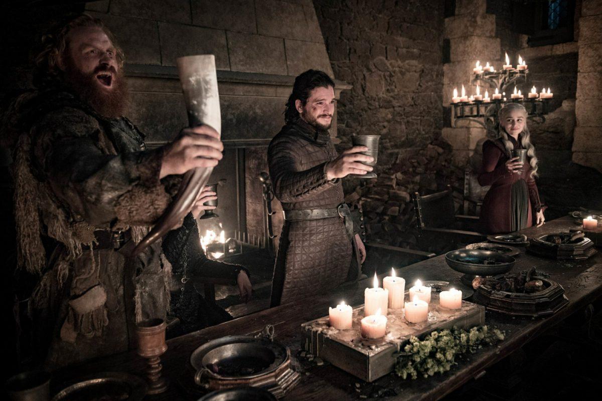 Kristofer Hivju, from left, Kit Harington and Emilia Clarke in a scene from "Game of Thrones." (Helen Sloan/HBO via AP)
