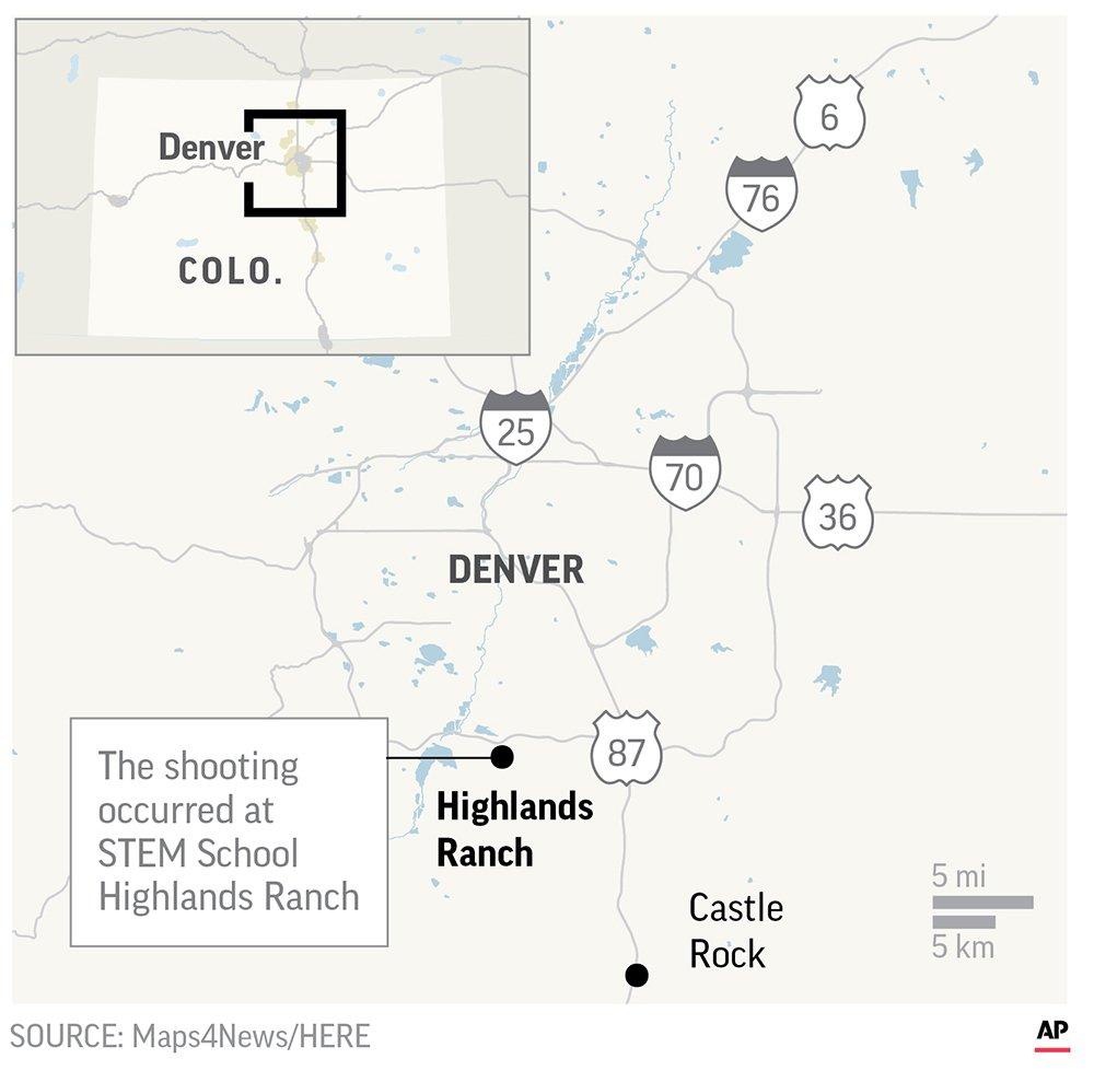 Map locates Highlands Ranch, Colorado where police report a school shooting. (AP)