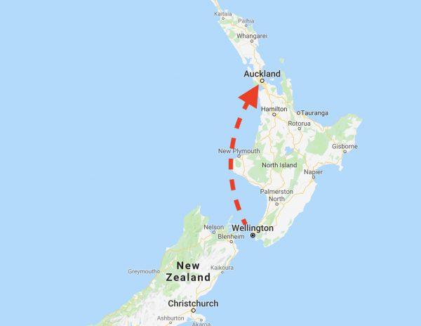 A map of New Zealand, indicating the journey between Wellington and Aukland airports. (Screenshot/Google Maps)