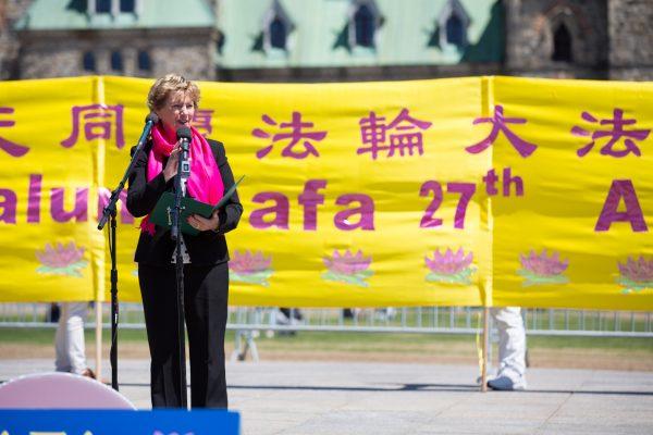 Judy Sgro, a Liberal MP and former cabinet minister, speaks at an event celebrating Falun Dafa Day in Parliament Hill, Ottawa, on May 8, 2019. (Evan Ning/The Epoch Times)