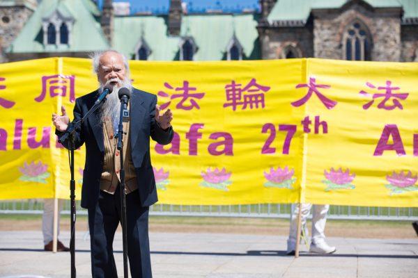 Albert Lin, a former Taiwanese legislator and a former professor at Ryerson University, speaks at an event celebrating Falun Dafa Day on Parliament Hill, Ottawa, on May 8, 2019. (Evan Ning/The Epoch Times)