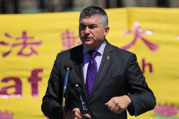 Conservative MP James Bezan speaks at an event celebrating Falun Dafa Day on Parliament Hill on May 8, 2019. (Jonathan Ren/The Epoch Times)