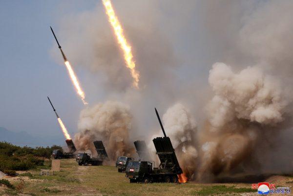 North Korean military conducts a "strike drill" for multiple launchers and tactical guided weapon into the East Sea during a military drill in North Korea on May 4, 2019. (KCNA via Reuters)