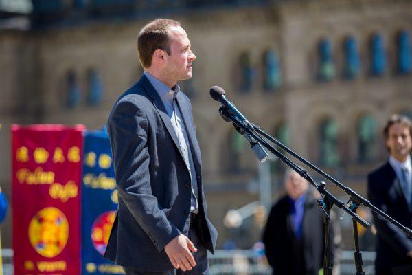 Liberal MP Nathaniel Erskine-Smith speaks at an event celebrating Falun Dafa Day on Parliament Hill, Ottawa, on May 8, 2019. (Evan Ning/The Epoch Times)