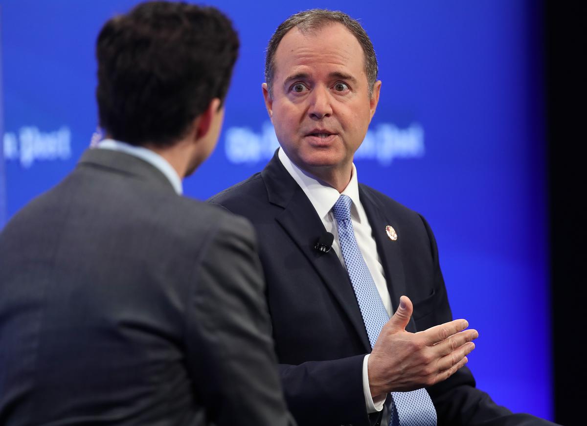 House Intelligence Committee Chairman Rep. Adam Schiff (D-Calif.) answers questions from Washington Post reporter Robert Costa (L) in Washington on April 30, 2019. (Win McNamee/Getty Images)