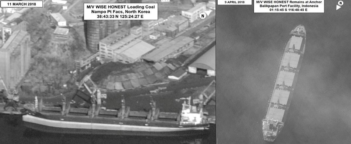 Surveillance images provided in a U.N. Security Council North Korea sanctions report distributed March 5, 2019 show what is described as the North Korean vessel Wise Honest being loaded with coal in Nampo, North Korea March 11, 2018 (L) and later at Balikpapan Port Facility, Indonesia April 9, 2018. (United Nations Security Council/Handout via Reuters)