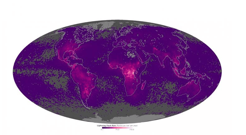 Global lightning activity map by NASA that tracked lightning globally between May 4, 1995, to Dec. 31, 2013. (Pic Courtesy NASA's Earth Observatory. )