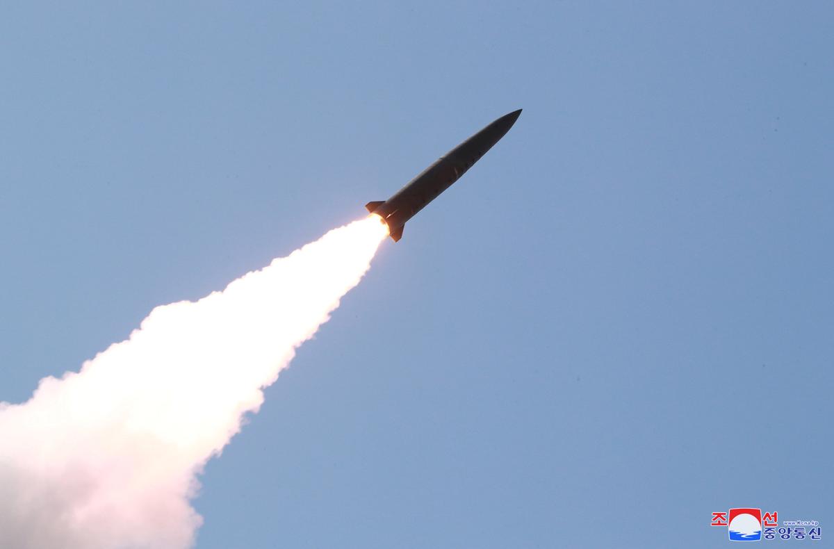 A missile is seen launched during a military drill in North Korea, in this photo supplied by the Korean Central News Agency (KCNA) on May 10, 2019. (KCNA via Reuters)